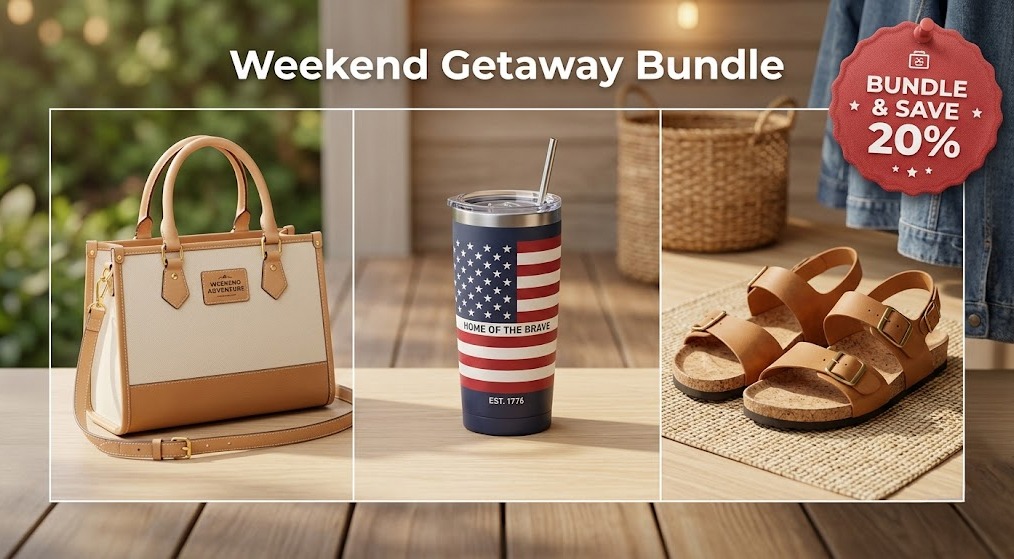 A curated product bundle grid featuring a handbag, tumbler, and sandals with a 20% savings badge.