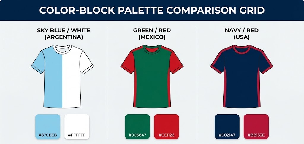 Color-block soccer fan apparel designs using national team colors for IP-safe print-on-demand selling.