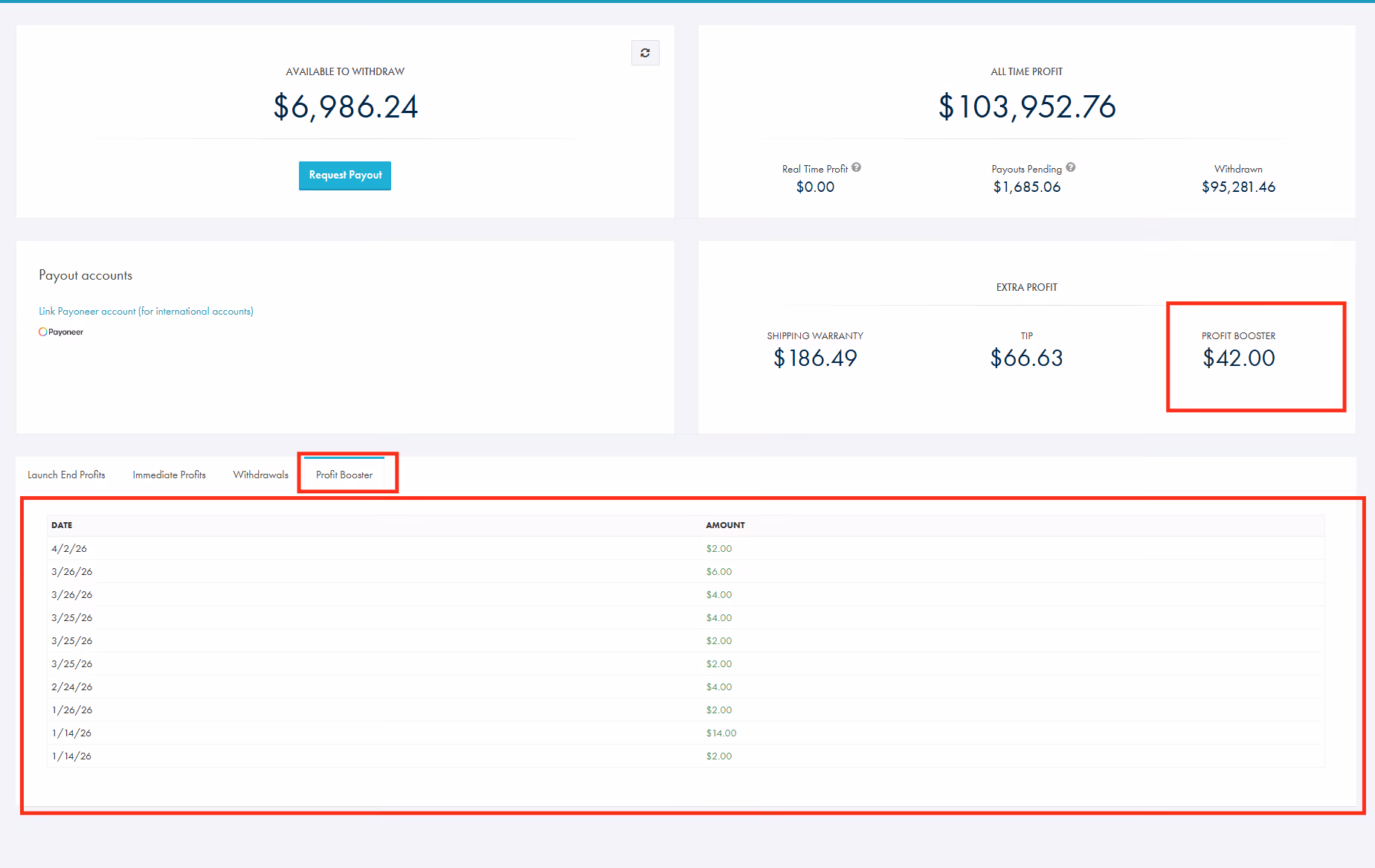 GearLaunch payment dashoboard with new Profit Booster Program feature