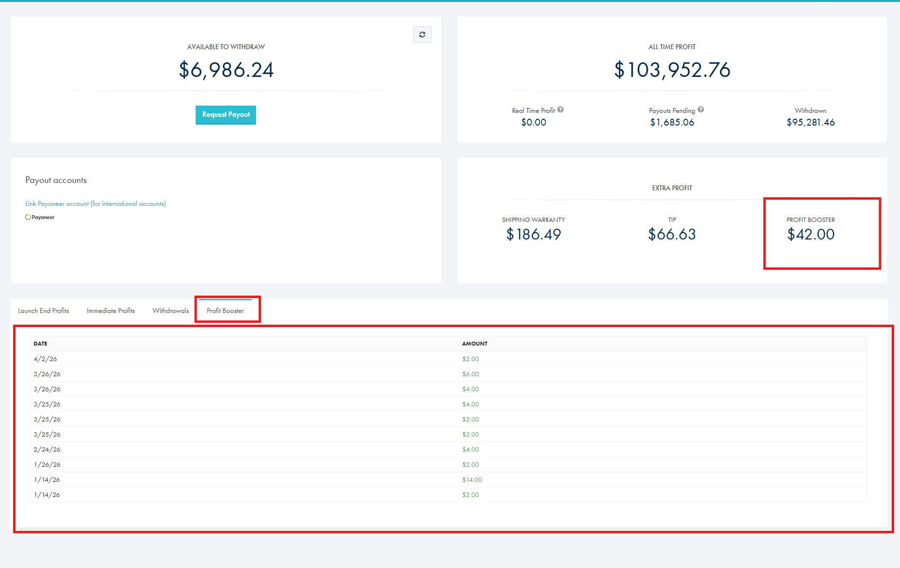 GearLaunch payment dashoboard with new Profit Booster Program feature