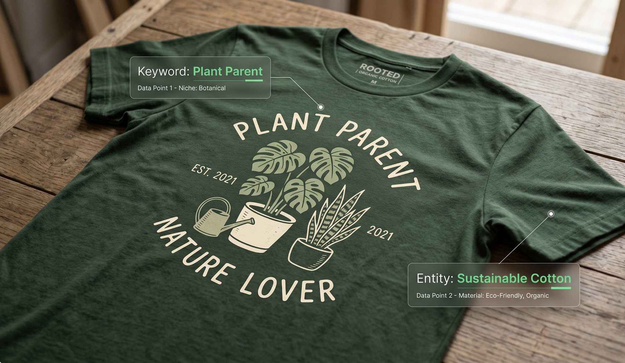 Close-up of a t-shirt mockup with digital tags showing how AI identifies keywords within an image.