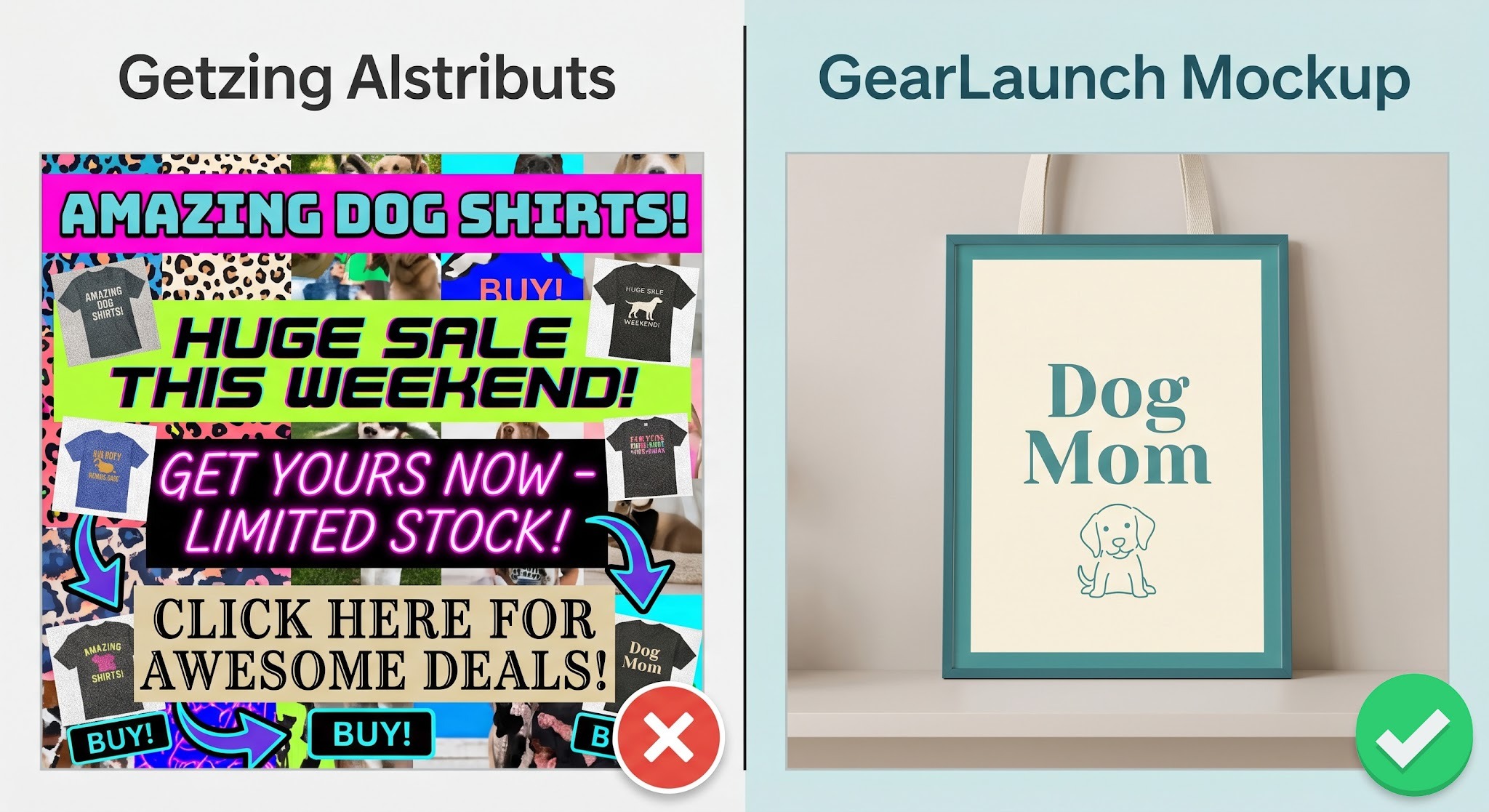 Infographic comparing cluttered ad design versus clean, algorithm-friendly minimalist design for POD