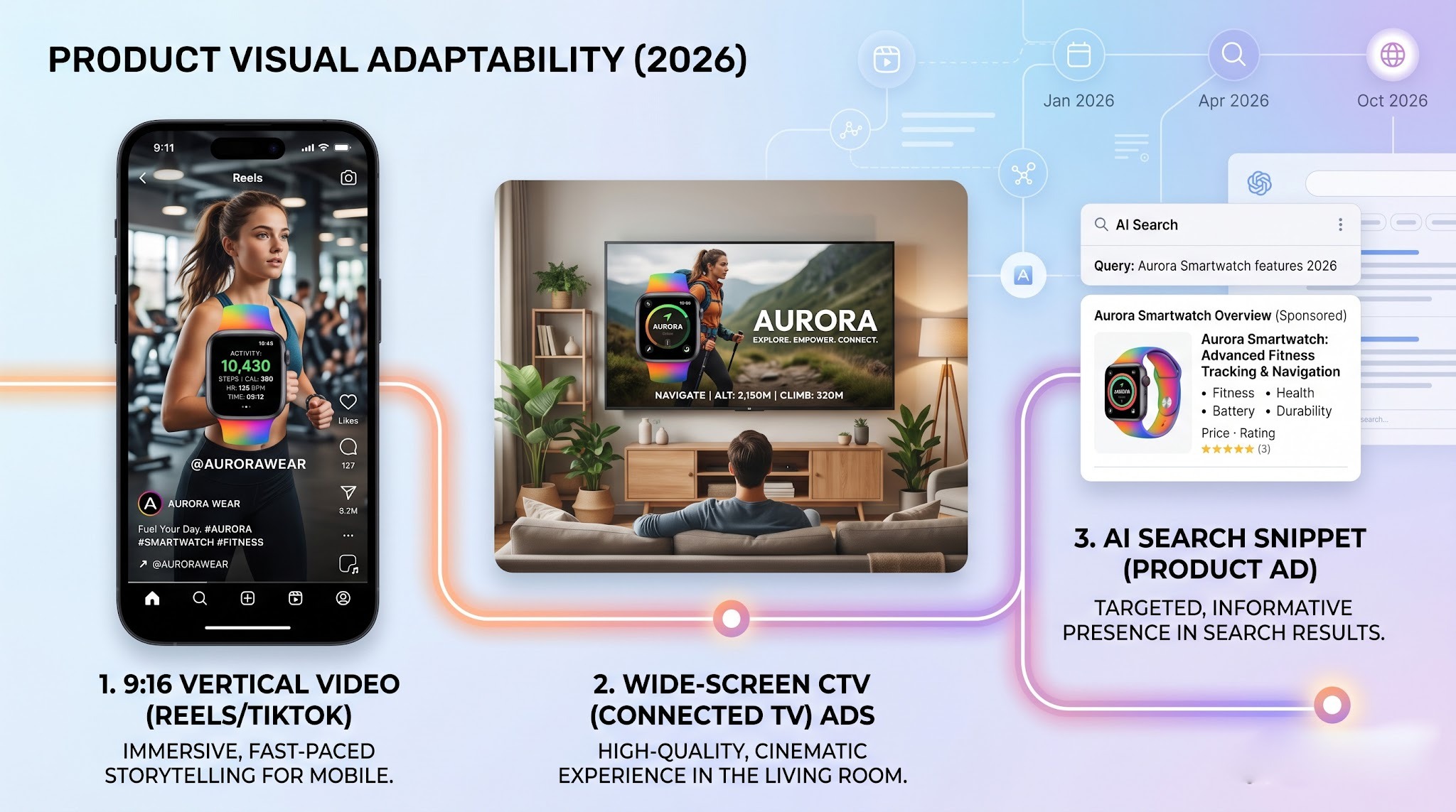 Timeline showing a single POD product visual optimized for mobile video, smart TVs, and AI search results.