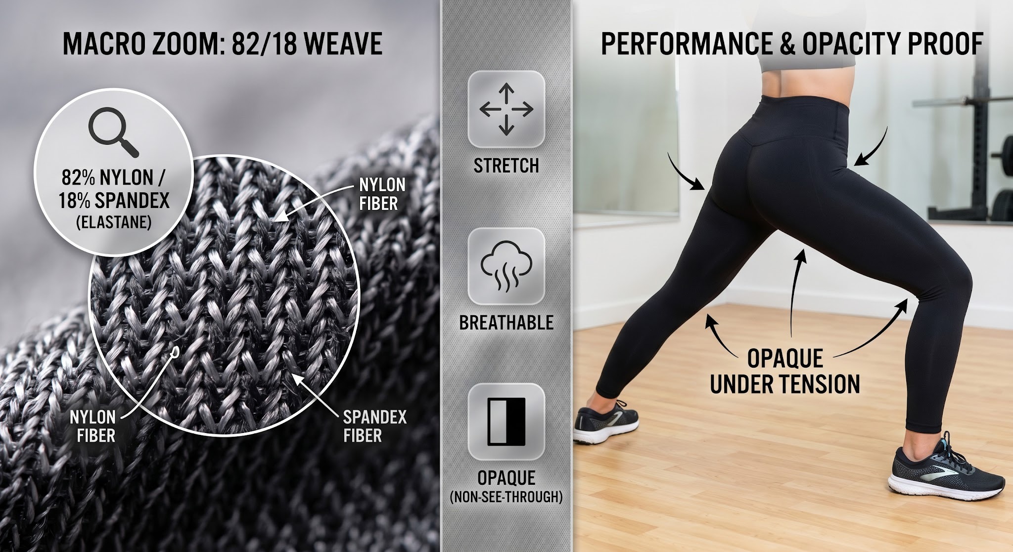 Technical fabric detail and opacity test for premium polyester-spandex yoga leggings.