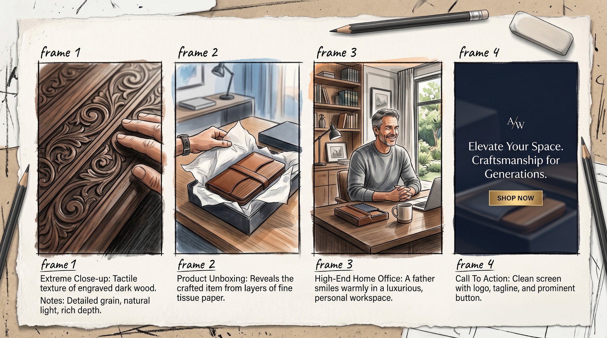 4-frame storyboard showing a high-converting AI video ad structure for Father's Day.