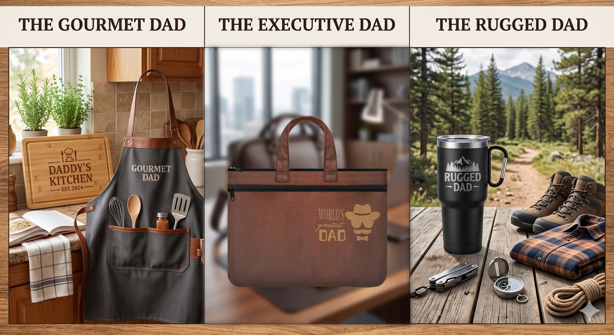 Grid layout showcasing three different dad personas and their corresponding print-on-demand products.