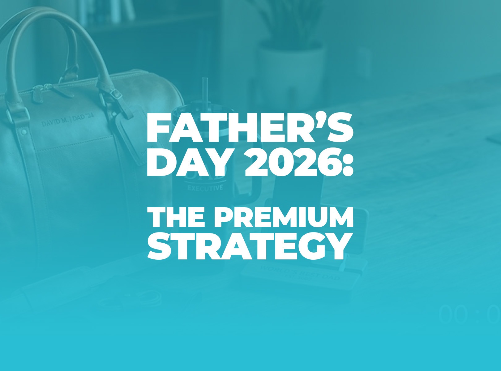 Premium Father's Day POD product bundle featuring embroidered hoodie, engraved tumbler, and blueprint wall art in a clean, minimalist setting.