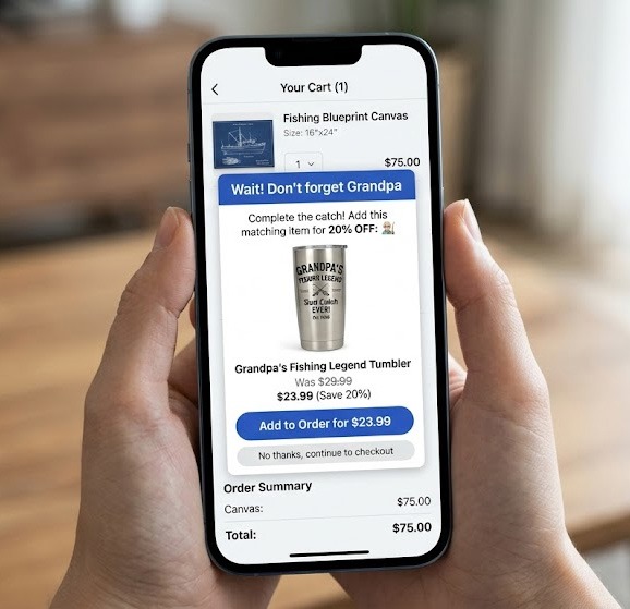 E-commerce checkout mockup showing a post-purchase upsell for a grandfather-themed product.