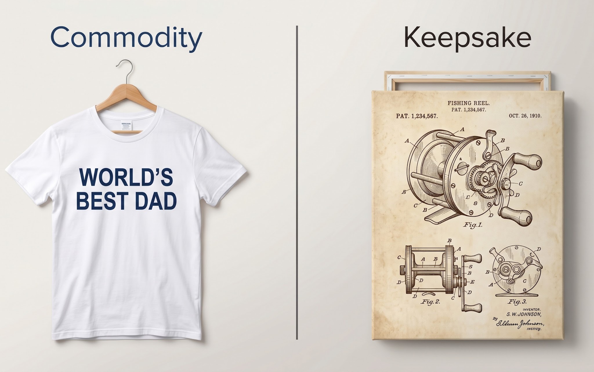 Comparison between generic Father's Day apparel and high-value blueprint-style wall art.