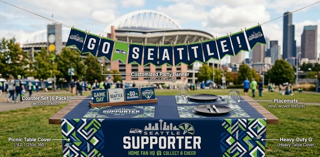 Complete home fan zone decoration kit including themed table covers, banners, and coasters.