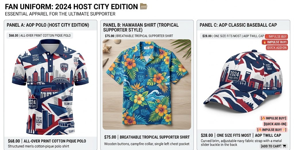 Product grid showcasing breathable AOP fan apparel and accessory pairings for summer 2026 match days. 