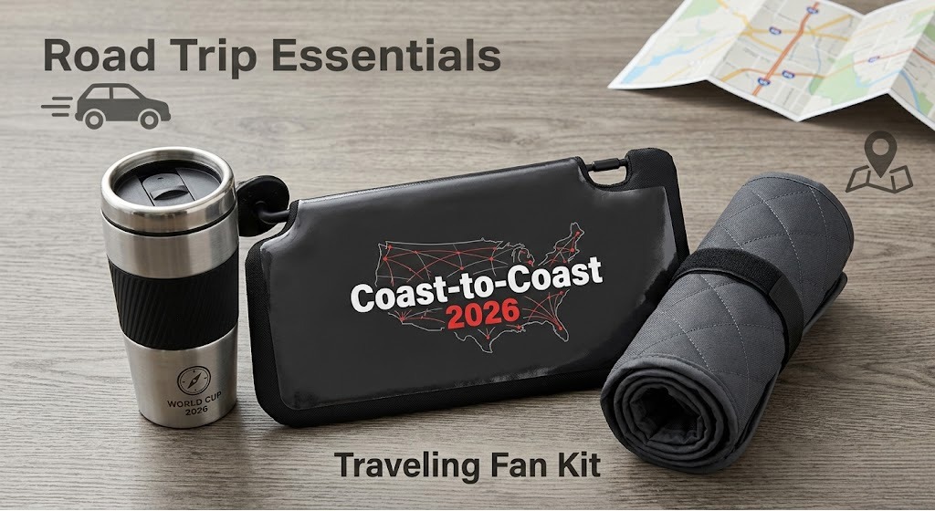 Travel-themed product kit for World Cup road trips featuring sun visors, travel mugs, and pet mats.