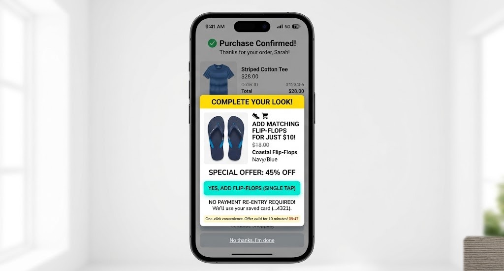 Mobile UI mockup of a post-purchase upsell for sandals following a World Cup apparel purchase.