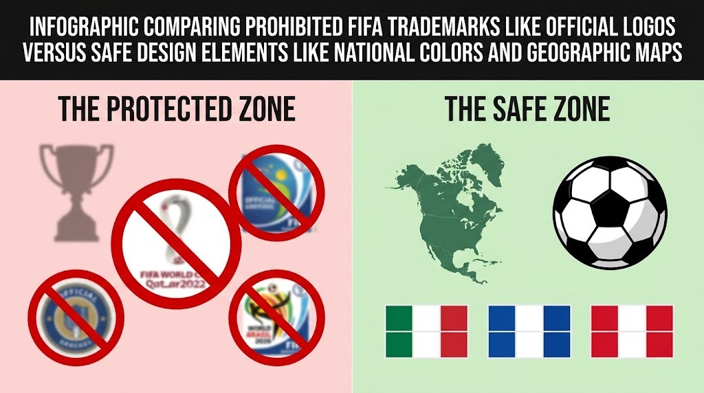 Infographic comparing prohibited FIFA trademarks like official logos versus safe design elements like national colors and geographic maps.