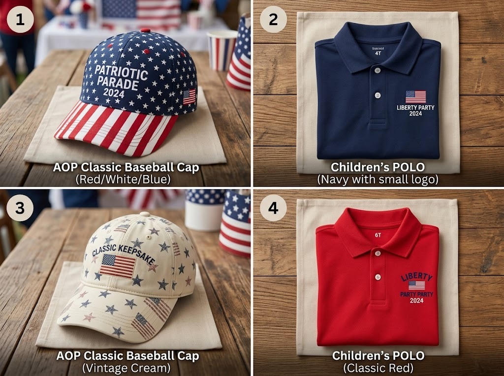Grid display of custom patriotic baseball caps and children's polo shirts for party favors.