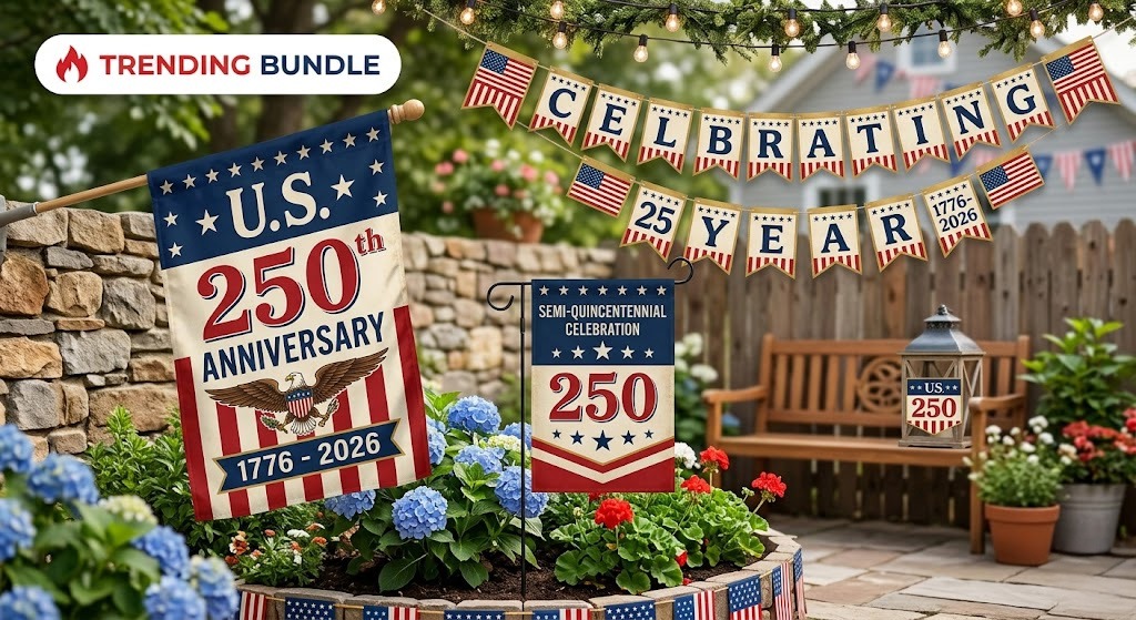 Patriotic decor bundle including custom flags and party banners for the 250th anniversary.