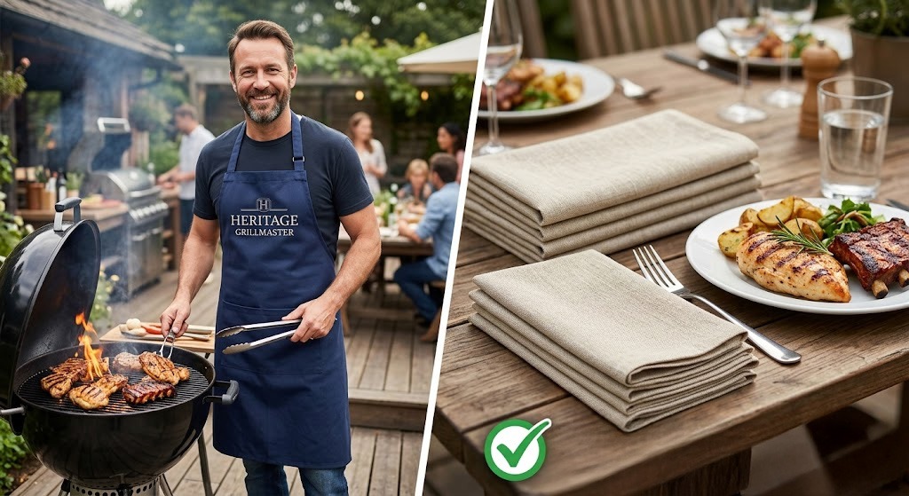 Custom host apron and premium cloth napkins for a historic backyard BBQ.