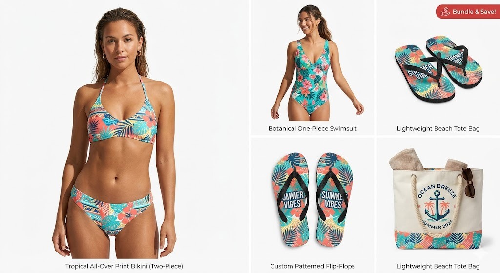 Grid display of GearLaunch summer products including swimwear, sandals, and beach bags.
