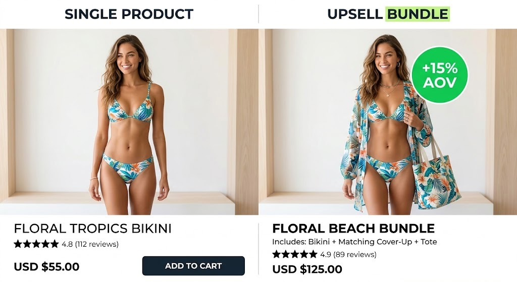 Comparison visual showing a single swimsuit versus a high-value product bundle.