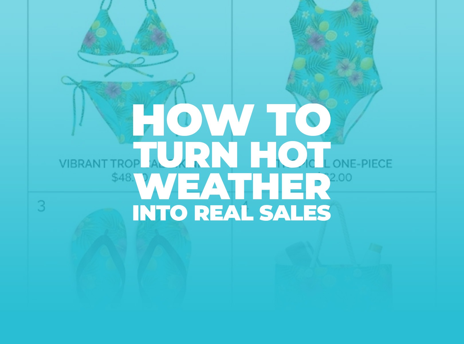 Premium print-on-demand swimsuit and sandals flat lay with a weather-trigger temperature badge.