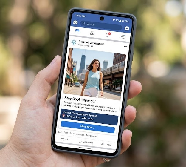 Smartphone mockup showing a geo-targeted Facebook ad for summer apparel.