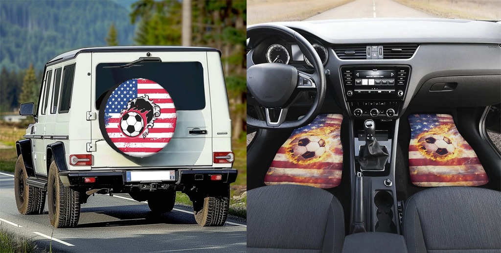 Premium personalized tire cover and matching car mats featuring a patriotic America 250 soccer design.