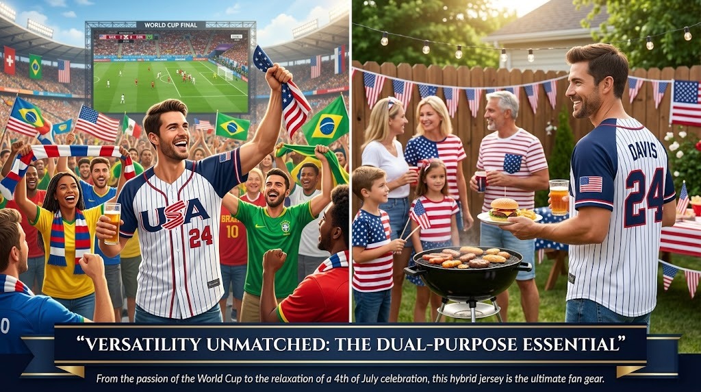 Split-screen infographic showing a custom patriotic soccer jersey utilized at a World Cup watch party and a July 4th celebration.