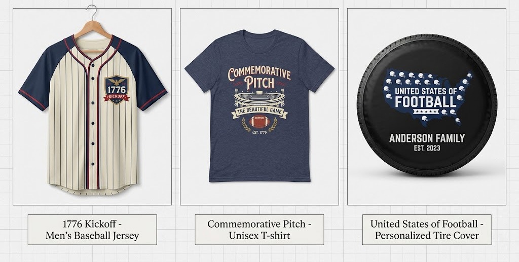 Product design matrix showcasing three print-on-demand concepts: 1776 Kickoff, Commemorative Pitch, and United States of Football.