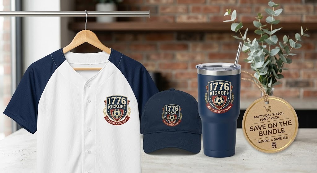 Premium print-on-demand product bundle featuring a patriotic soccer jersey, tumbler, and cap as a matchday watch party pack.