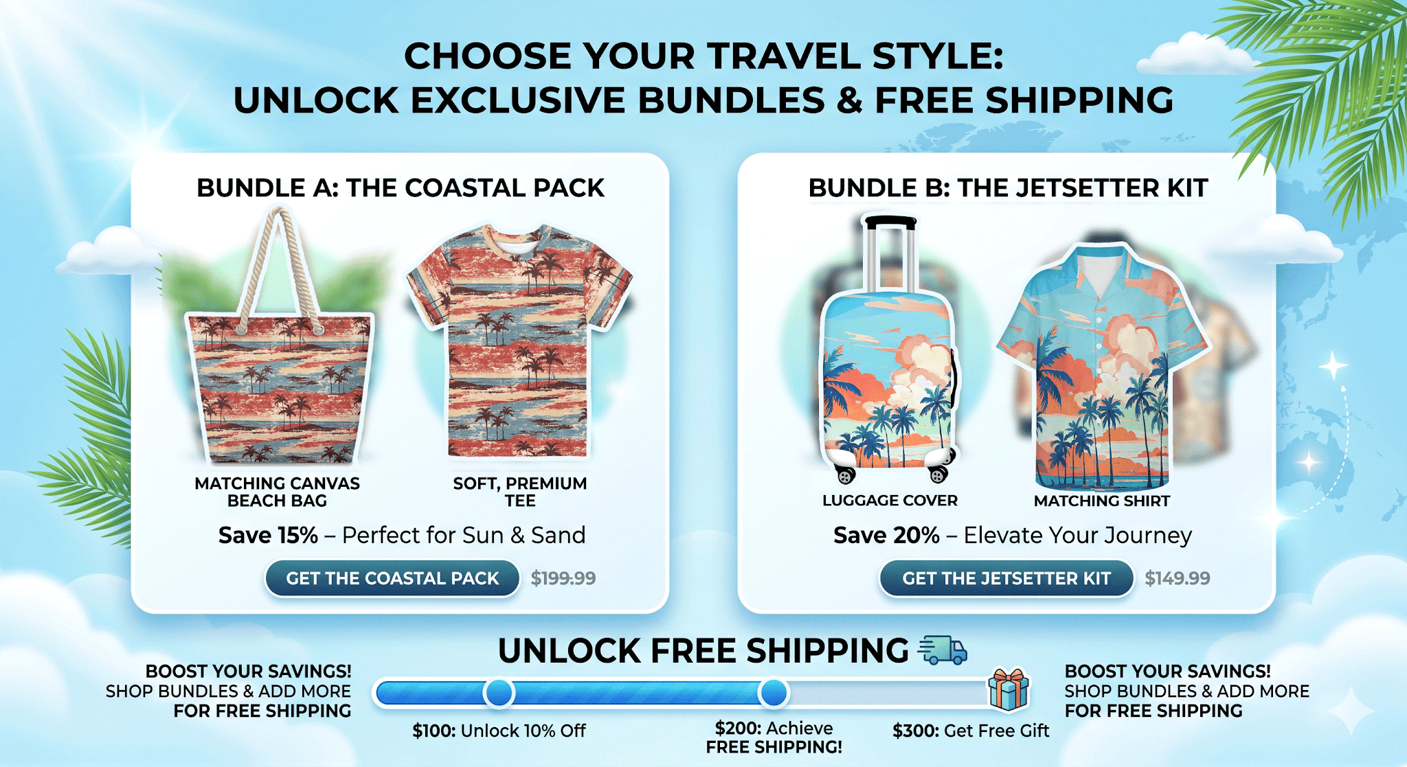 Infographic layout demonstrating print-on-demand summer travel utility bag bundle options to increase average order value.