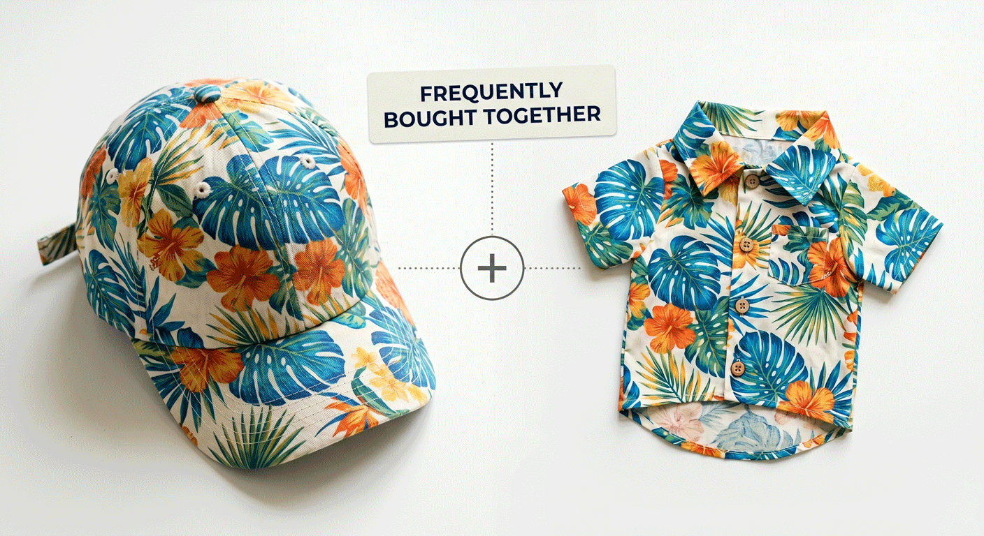 Matching print-on-demand destination baseball cap and pet Hawaiian shirt accessory bundle for summer travel impulse buys.