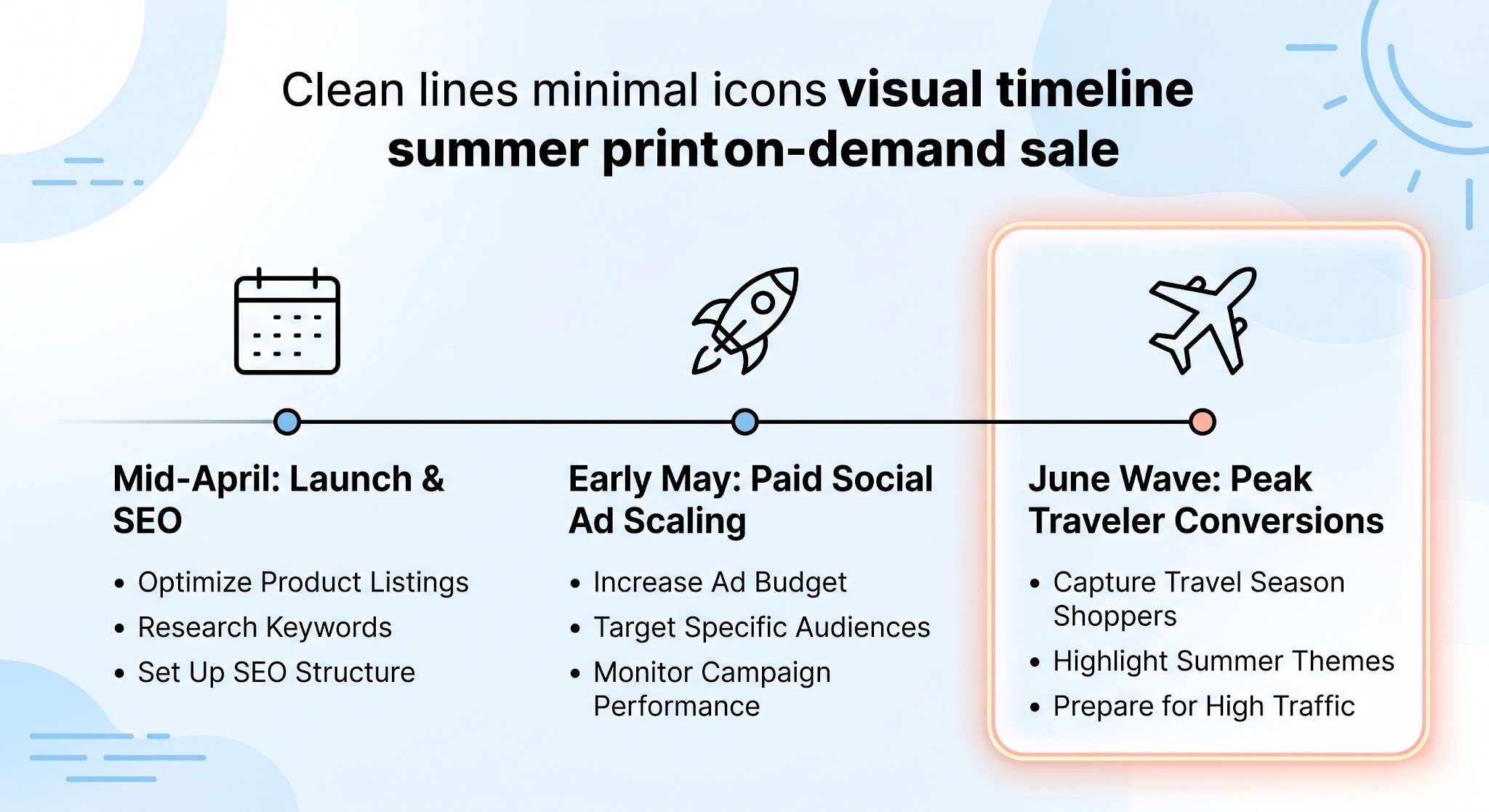 Marketing campaign launch timeline infographic for print-on-demand sellers preparing for the June summer travel wave.
