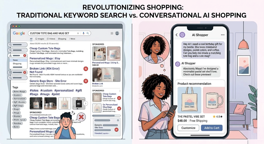 Infographic comparing traditional keyword search engine results against modern conversational AI shopping recommendation interfaces for Gen Z.