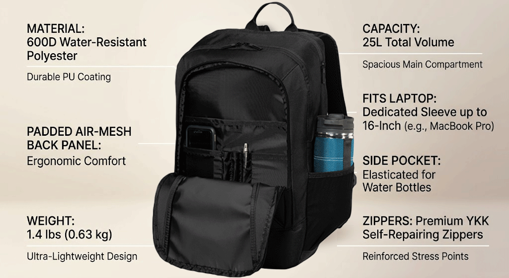 Technical specification layout of a print-on-demand student backpack highlighting scannable product data for AI engine crawling.