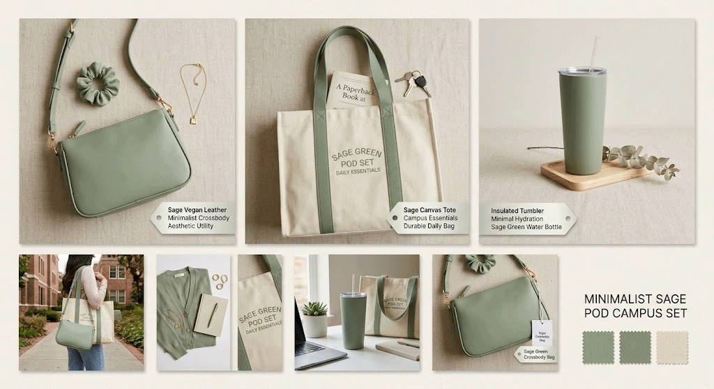 Gen Z aesthetic style board featuring matching print-on-demand tote bags and tumblers categorized under minimalist design tags.