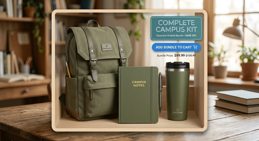 High-quality product bundle featuring a print-on-demand backpack, travel mug, and notebook as a complete campus kit.