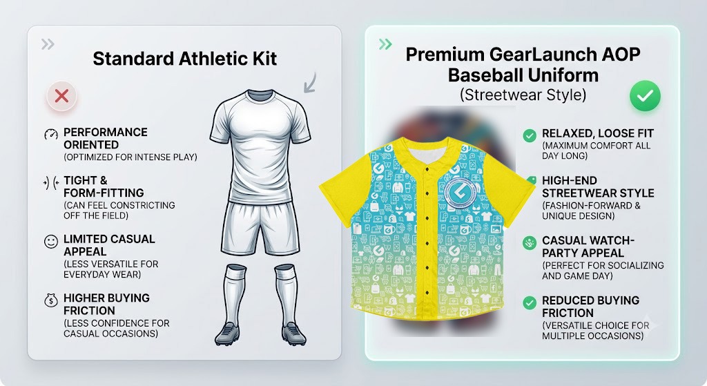 Side-by-side comparison infographic showing a tight athletic soccer jersey versus a streetwear-style AOP baseball uniform for World Cup watch parties.