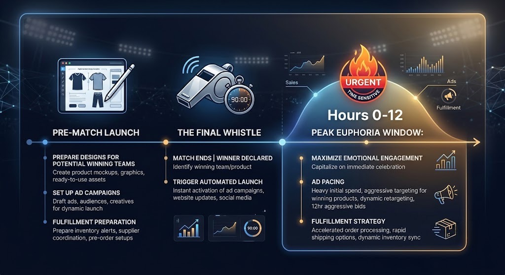 Knockout stage e-commerce timeline infographic showcasing peak conversion windows and ad pacing strategy immediately following a match victory.