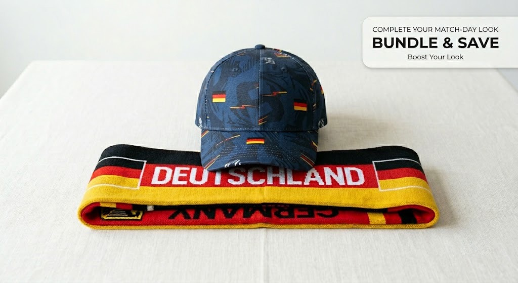 Print-on-demand accessory bundle featuring a matching national color baseball cap and knit supporter scarf with a bundle discount badge.