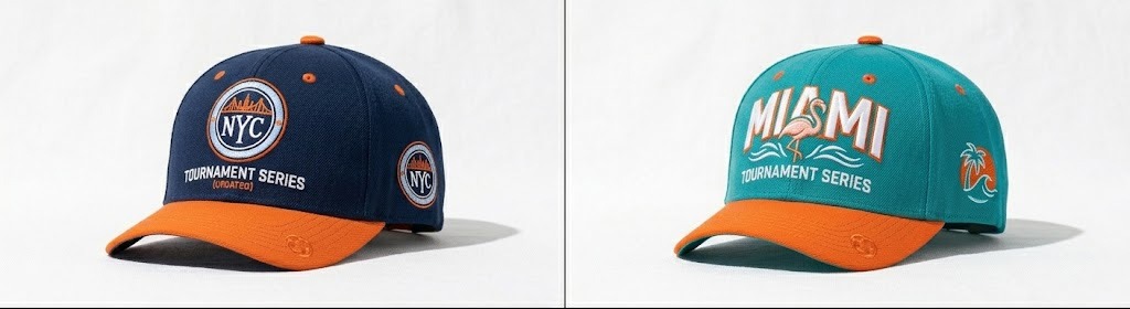 Grid layout of localized print-on-demand hats featuring high-contrast typography for major host cities like New York, Miami, and Los Angeles.