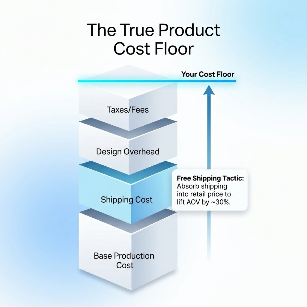 Infographic diagram showing how to calculate print-on-demand product costs, highlighting base production, shipping, and fees.