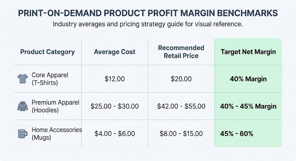 Minimalist profit margin benchmark table for print-on-demand apparel and home accessories.