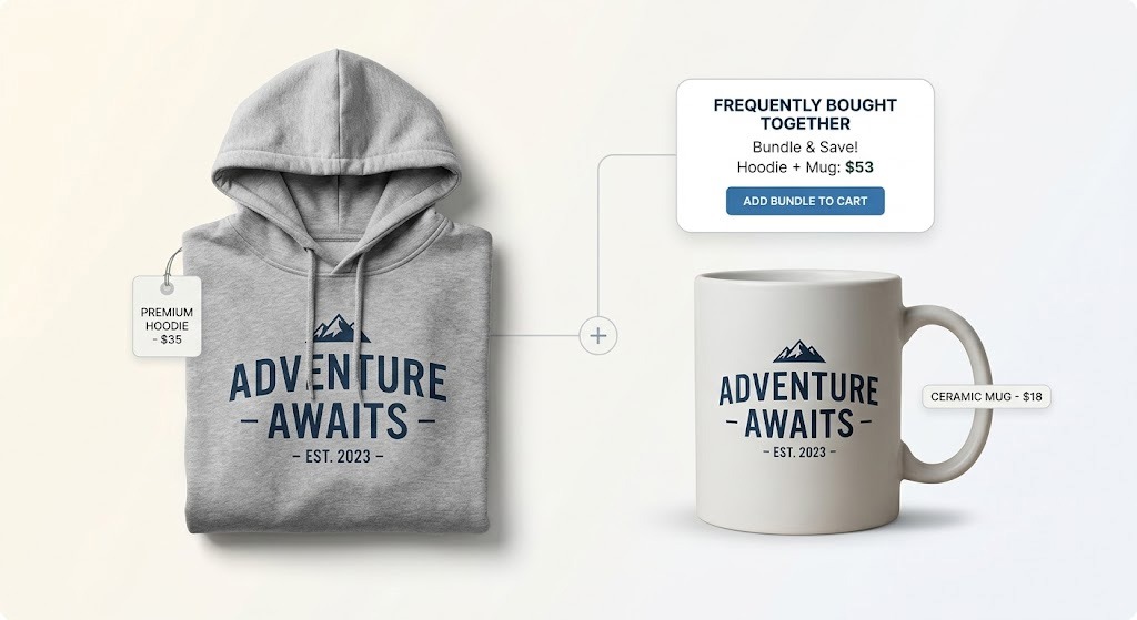 Product bundle mockup featuring a matching hoodie and mug to illustrate upselling and increasing average order value.