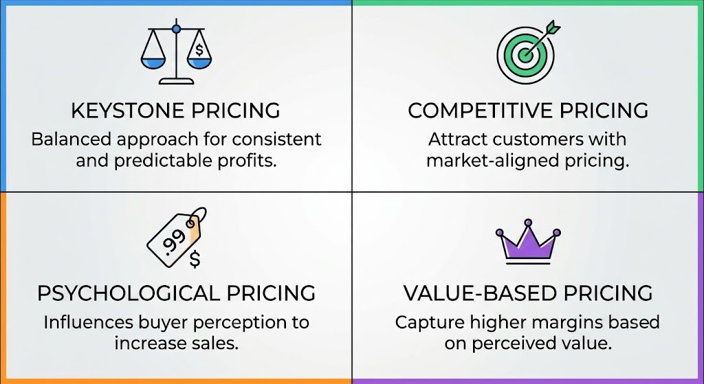Comparative grid layout illustrating four main pricing strategies for print-on-demand sellers: Keystone, Competitive, Psychological, and Value-Based.