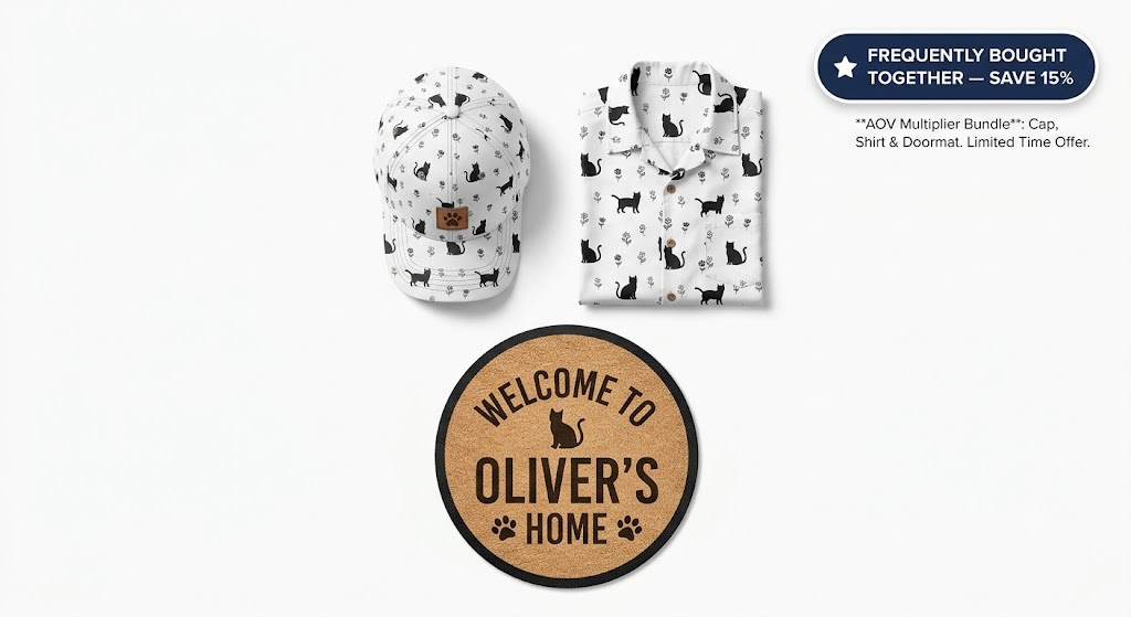 A high-AOV print-on-demand bundle featuring a custom matching cat apparel set and a personalized doormat with a bundle discount badge.