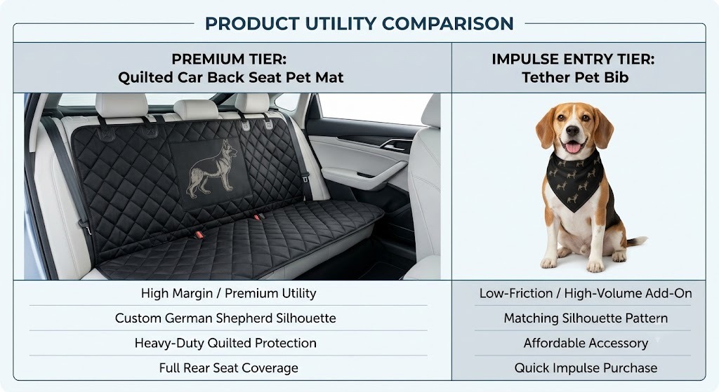 A comparison layout showing a premium custom car back seat pet mat next to a low-friction custom tether pet bib to demonstrate print-on-demand product layering
