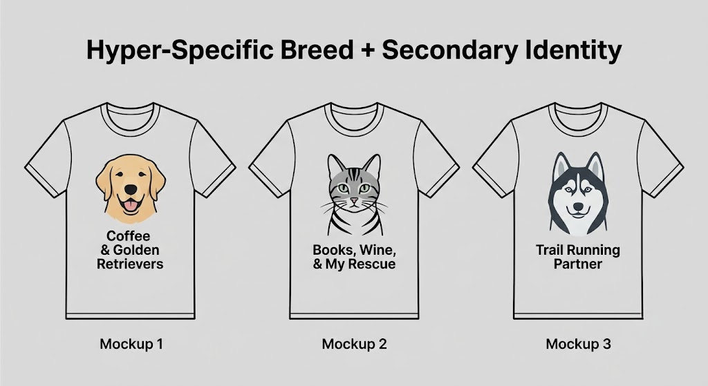 Three print-on-demand t-shirt designs showing cross-niche personalization combining pet breeds with secondary lifestyle hobbies.