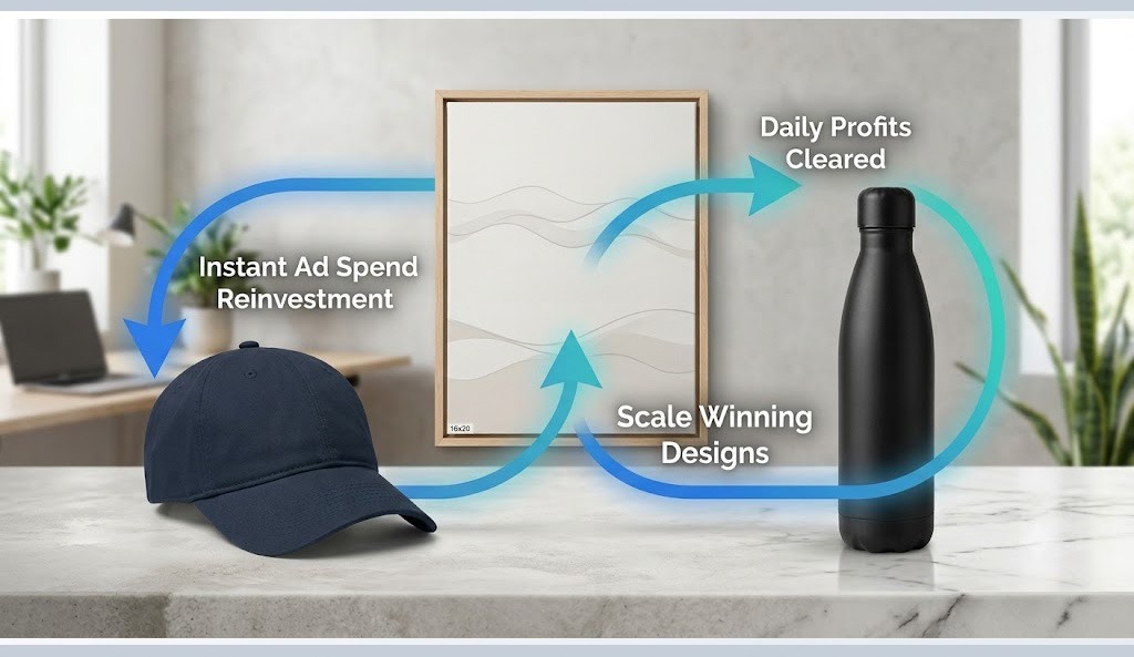 Multi-product print-on-demand mockup showing how daily cash flow allows rapid ad spend reinvestment for GearLaunch sellers.