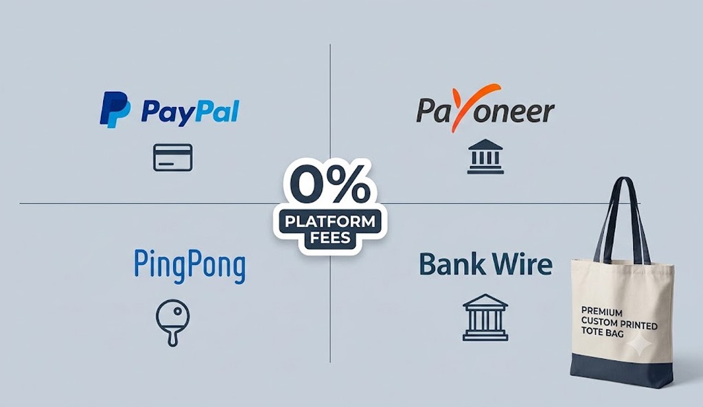 Infographic showcasing GearLaunch payment withdrawal methods including PayPal and Payoneer with zero platform fees.