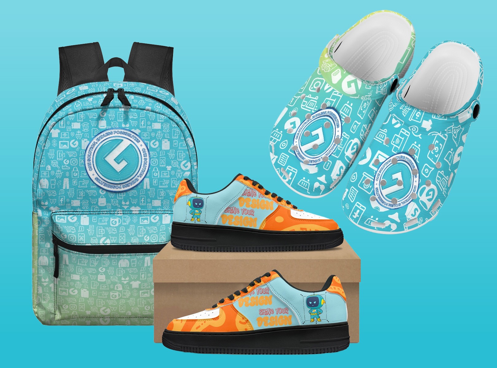 A styled flat lay of a matching gaming pixel art themed backpack, running shoes, and Crocs for a back-to-school bundle.